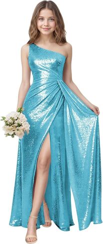 Sequin Junior Bridesmaid Dress One Shoulder Pleated Prom Dress for Girls Flower Girl Dresses for Wedding Slit in Saudi Arabia