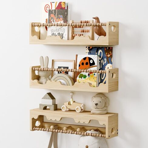 Nursery Shelves for Wall,3 Pack Pine Wood Nursery Floating Book Shelves,Scalloped Floating Shelves for Living Room and Bedroom Wall Decor in Saudi Arabia