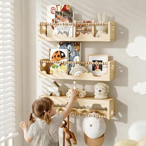 Nursery Shelves for Wall,3 Pack Pine Wood Nursery Floating Book Shelves,Scalloped Floating Shelves for Living Room and Bedroom Wall Decor in Saudi Arabia