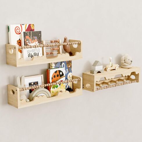 Nursery Shelves for Wall,3 Pack Pine Wood Nursery Floating Book Shelves,Scalloped Floating Shelves for Living Room and Bedroom Wall Decor in Saudi Arabia