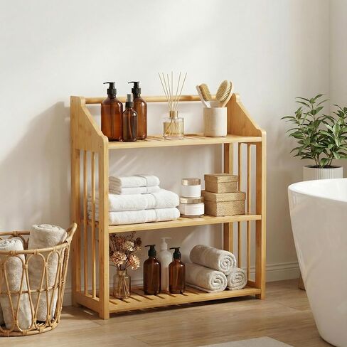 Goaste Bamboo Over The Toilet Storage Shelf, 3-Tier Wall Mounted Bamboo Rack Organizer, Floating Rack with Hanging Rod, Free Standing Shower Shelf with Adjustable Layer for Kitchen, Bathroom, Home in Saudi Arabia