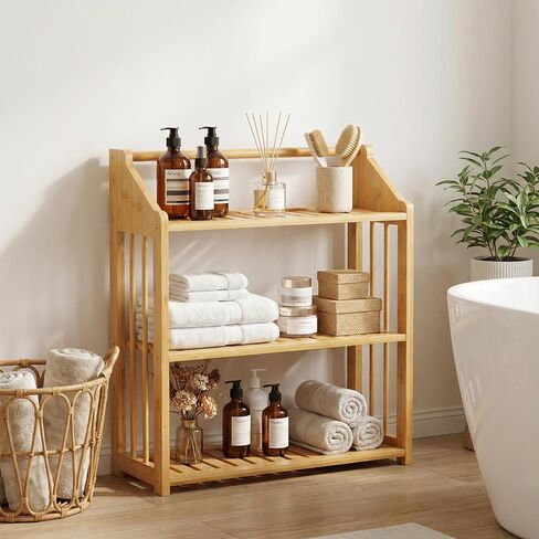 Goaste Bamboo Over The Toilet Storage Shelf, 3-Tier Wall Mounted Bamboo Rack Organizer, Floating Rack with Hanging Rod, Free Standing Shower Shelf with Adjustable Layer for Kitchen, Bathroom, Home in Saudi Arabia