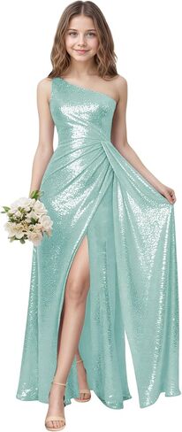 فستان وصيفة العروس جونيور بكتف واحد مطوي بالترتر للفتيات فساتين فتاة الزهور لشق الزفاف in Kuwait