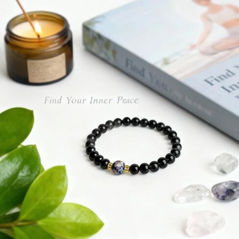 Black Obsidian Bracelet for Women, 8mm Natural Obsidian Beads with Handmade Cloisonné Enamel Accent, Gift-Ready Healing Crystal Bracelet for Protection & Positive Energy in Saudi Arabia