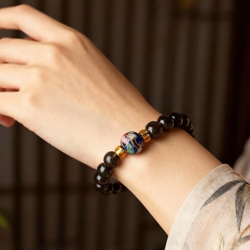 Black Obsidian Bracelet for Women, 8mm Natural Obsidian Beads with Handmade Cloisonné Enamel Accent, Gift-Ready Healing Crystal Bracelet for Protection & Positive Energy in Saudi Arabia