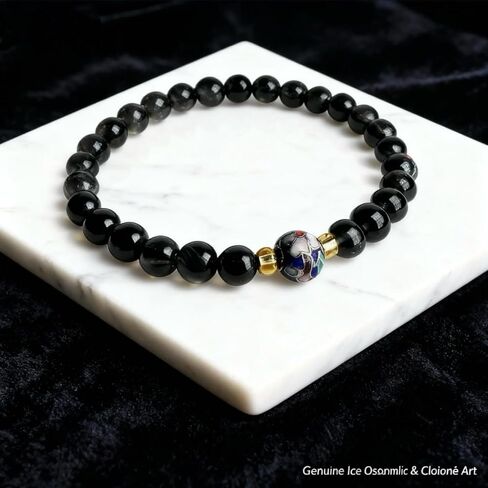 Black Obsidian Bracelet for Women, 8mm Natural Obsidian Beads with Handmade Cloisonné Enamel Accent, Gift-Ready Healing Crystal Bracelet for Protection & Positive Energy in Saudi Arabia