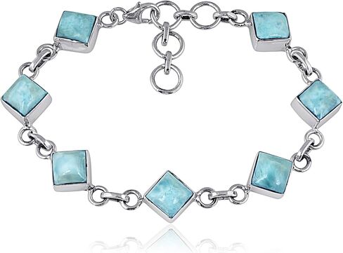 SSJ Larimar Link Bracelet for Women 925 Sterling Silver Square Shape Natural Larimar Blue Stone Adjustable Bracelet 7.5" (Blue) in Saudi Arabia