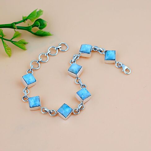 SSJ Larimar Link Bracelet for Women 925 Sterling Silver Square Shape Natural Larimar Blue Stone Adjustable Bracelet 7.5" (Blue) in Saudi Arabia