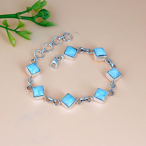 SSJ Larimar Link Bracelet for Women 925 Sterling Silver Square Shape Natural Larimar Blue Stone Adjustable Bracelet 7.5" (Blue) in Saudi Arabia