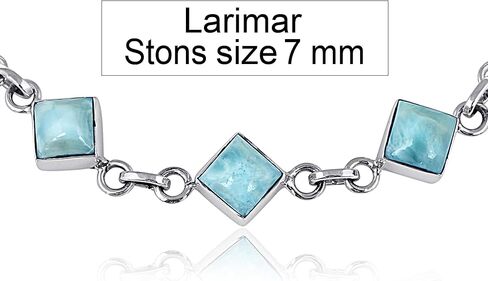 SSJ Larimar Link Bracelet for Women 925 Sterling Silver Square Shape Natural Larimar Blue Stone Adjustable Bracelet 7.5" (Blue) in Saudi Arabia