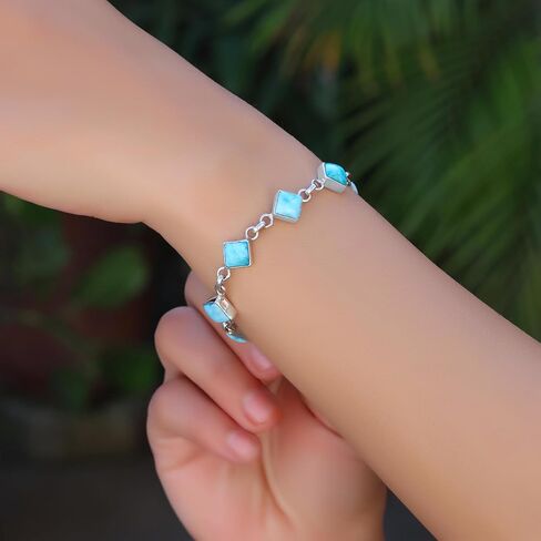 SSJ Larimar Link Bracelet for Women 925 Sterling Silver Square Shape Natural Larimar Blue Stone Adjustable Bracelet 7.5" (Blue) in Saudi Arabia