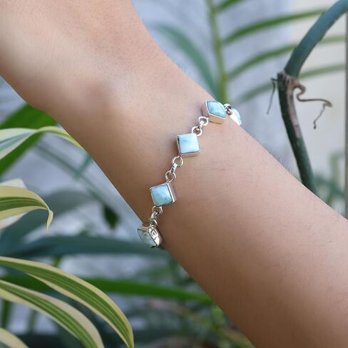SSJ Larimar Link Bracelet for Women 925 Sterling Silver Square Shape Natural Larimar Blue Stone Adjustable Bracelet 7.5" (Blue) in Saudi Arabia
