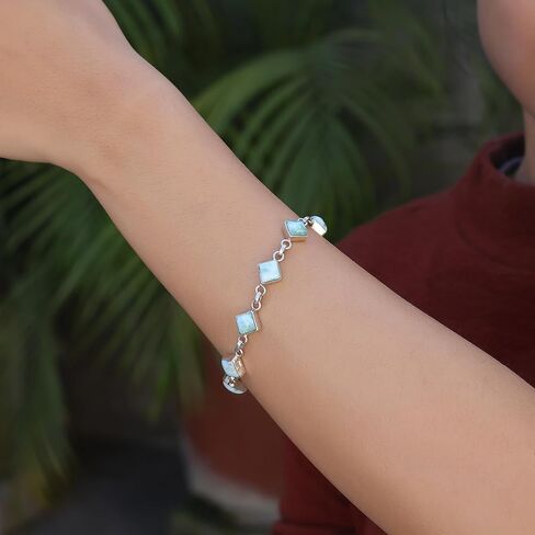 SSJ Larimar Link Bracelet for Women 925 Sterling Silver Square Shape Natural Larimar Blue Stone Adjustable Bracelet 7.5" (Blue) in Saudi Arabia