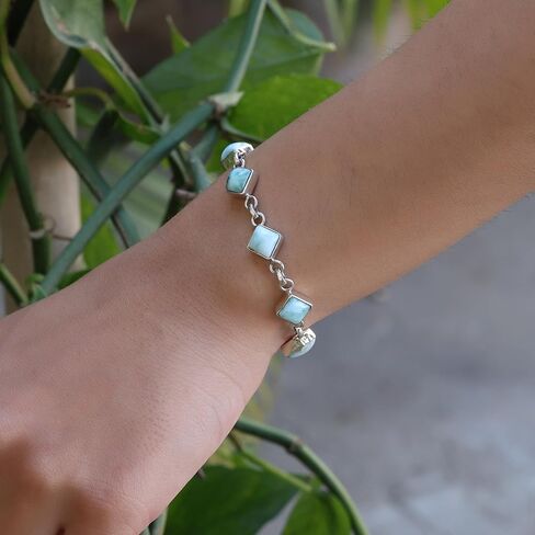 SSJ Larimar Link Bracelet for Women 925 Sterling Silver Square Shape Natural Larimar Blue Stone Adjustable Bracelet 7.5" (Blue) in Saudi Arabia