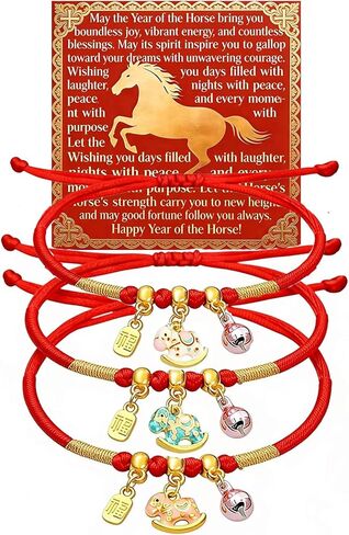 3pcs/6pcs 2026 New Year of Horse Charm Bracelets, Red Braided Adjustable String Zodiac Animal Enamel Colored Horse Bell Pendant Good Luck Jewelry Gifts for Women Men With Gift Card Box in Kuwait