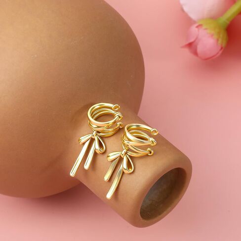 Bow Ear Cuffs Non Piercing, Gold Bow Clip on Earrings Adjustable Cartilage Dangle Earrings Jewelry for Women in Saudi Arabia