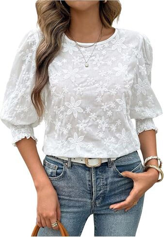 OYOANGLE Women's Floral Embroidery Frill Trim Blouse Puff Sleeve Keyhole Back Shirt Vacation Outfit in Kuwait