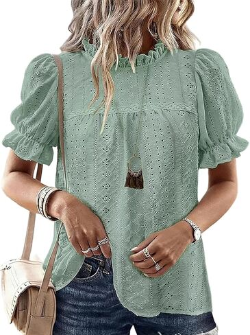 CHICME Women's Elegant Eyelet Mock Neck Puff Sleeve Blouse Casual Summer Hollow Out Embroidered Pullover Top in Saudi Arabia