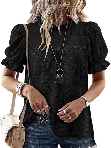 CHICME Women's Elegant Eyelet Mock Neck Puff Sleeve Blouse Casual Summer Hollow Out Embroidered Pullover Top in Saudi Arabia