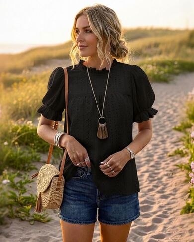 CHICME Women's Elegant Eyelet Mock Neck Puff Sleeve Blouse Casual Summer Hollow Out Embroidered Pullover Top in Saudi Arabia