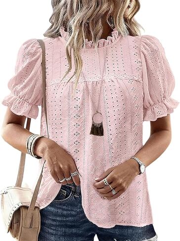 CHICME Women's Elegant Eyelet Mock Neck Puff Sleeve Blouse Casual Summer Hollow Out Embroidered Pullover Top in Saudi Arabia