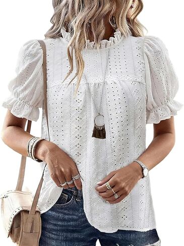 CHICME Women's Elegant Eyelet Mock Neck Puff Sleeve Blouse Casual Summer Hollow Out Embroidered Pullover Top in Saudi Arabia