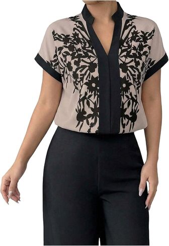 Verdusa Women's Floral Notched V Neck Dressy Blouses Short Sleeve Shirts Elegant Formal Outfits in Saudi Arabia