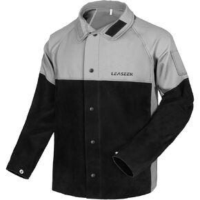 LeaSeek Welding Jacket Leather Sleeves Flame Resistant, Cotton& Leather Hybrid Welder Jackets for Men Women, Gray Black S-4XL in Kuwait