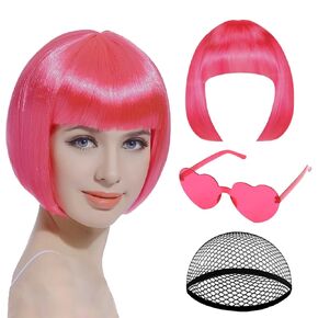 Pink Bob Wig, Hot Short Pink Wigs with Sunglasses and Hairnet, Women Wigs with Bangs for Bachelorette, Halloween and Cosplay Parties in Kuwait