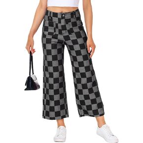 بنطال جينز نسائي قصير ذو مربعات وساق مستقيمة من قماش الدنيم القابل للتمدد مع جيوب in Kuwait