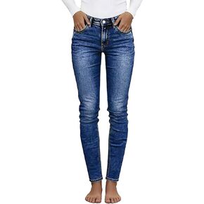 Flamingals Mid Waist Women's Skinny Jeans Butt Lifting Slim Fit Wash Stretchy Cropped Denim Pants with V Cut Pocket in Saudi Arabia