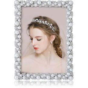 DIKAR 8x10 Picture Frame with Pearl for Wedding, Silver Plated with HD Acylic Finish Photo Frames with Rhinestones for Horizontal and Vertical Decor Tabletop Display in Saudi Arabia