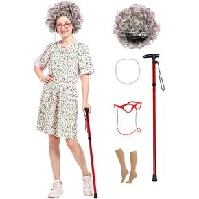 Old Lady Costume Kit for Women - Complete Halloween Set with Nightgown, Realistic Grey Wig, Cane & Accessories (Grandma Cosplay, Adult Size) in Saudi Arabia
