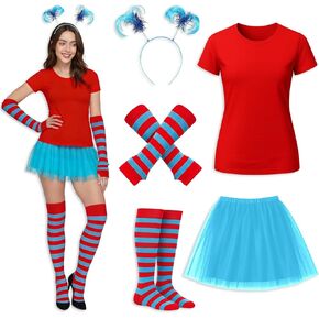 5 Pcs Tulle Tutu Costume Accessories Set Women T Shirt/Striped Socks/Tutu Skirt/Blue Headband/Stretchy Gloves in Kuwait