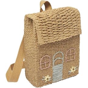 حقيبة ظهر مصنوعة يدويًا من القش مع تطريز زهور، تصميم منزل صغير لطيف، حقيبة يد بمقبض منسوج طبيعي، حقيبة كتف، طراز الشاطئ البيج in Kuwait