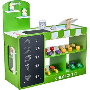 VEVOR Kids Pretend Play Grocery Store, Wooden Supermarket Toy Set with Shopping Bag, Conveyor Belt, Scanner, Cash Register, Realistic Scale, Gift for Boys & Girls in Kuwait