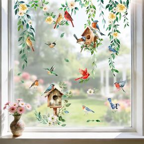Mfault Spring Summer Birds Floral Window Clings, Cardinal Bluebird Birdhouse Hummingbird Rose Flower Stickers Decals Decorations, Farmhouse Botanical Leaves Home Living Room Kitchen Decor in Saudi Arabia