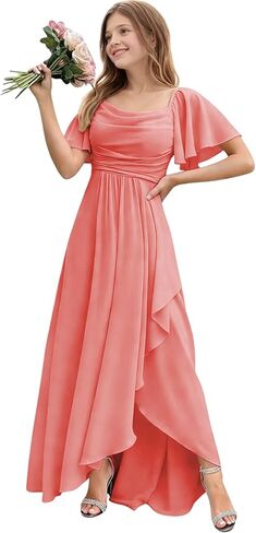Chiffon Pleated Flower Girl Dress Short Puff Sleeve Junior Bridesmaid Dresses High-Low Maxi Formal Dresses for Girls in Saudi Arabia