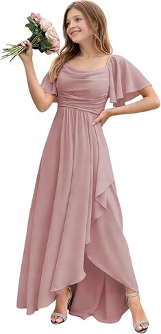 Chiffon Pleated Flower Girl Dress Short Puff Sleeve Junior Bridesmaid Dresses High-Low Maxi Formal Dresses for Girls in Saudi Arabia