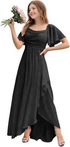 Chiffon Pleated Flower Girl Dress Short Puff Sleeve Junior Bridesmaid Dresses High-Low Maxi Formal Dresses for Girls in Saudi Arabia