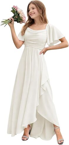 Chiffon Pleated Flower Girl Dress Short Puff Sleeve Junior Bridesmaid Dresses High-Low Maxi Formal Dresses for Girls in Saudi Arabia