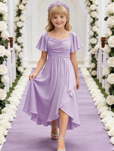 Chiffon Pleated Flower Girl Dress Short Puff Sleeve Junior Bridesmaid Dresses High-Low Maxi Formal Dresses for Girls in Saudi Arabia