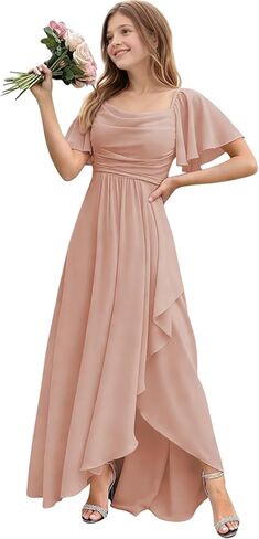 Chiffon Pleated Flower Girl Dress Short Puff Sleeve Junior Bridesmaid Dresses High-Low Maxi Formal Dresses for Girls in Saudi Arabia