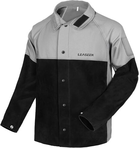 LeaSeek Welding Jacket Leather Sleeves Flame Resistant, Cotton& Leather Hybrid Welder Jackets for Men Women, Gray Black S-4XL in Kuwait