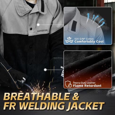 LeaSeek Welding Jacket Leather Sleeves Flame Resistant, Cotton& Leather Hybrid Welder Jackets for Men Women, Gray Black S-4XL in Kuwait