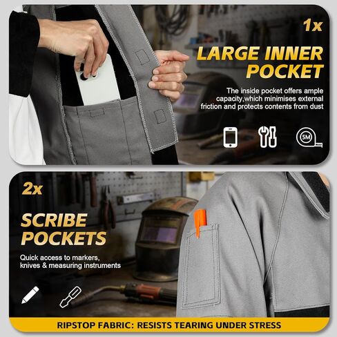 LeaSeek Welding Jacket Leather Sleeves Flame Resistant, Cotton& Leather Hybrid Welder Jackets for Men Women, Gray Black S-4XL in Kuwait