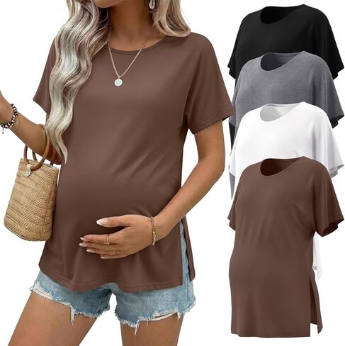 Ekouaer 4 Pack Maternity Shirts Short Sleeve Pregnancy Tunic Tops Casual Postpartum Outfits Split Side Mama Clothes in Saudi Arabia
