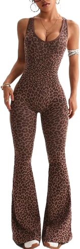 Womens Workout Jumpsuit Sexy Leopard Print Sleeveless Yoga Gym Bodycon Rompers Sexy Racerback Tummy Control Outfits in Saudi Arabia