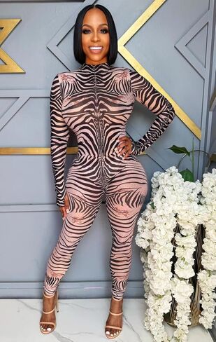 NIFTRIRY One Jumpsuit for Women Long Sleeve Zebra Print Sheer Bodycon Jumpsuit for Women Sexy Romper Club Outfits in Saudi Arabia