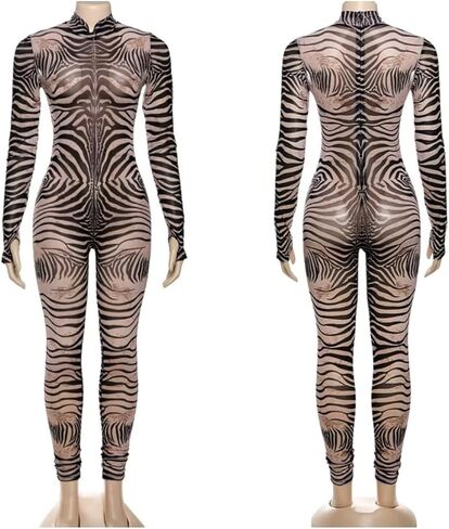 NIFTRIRY One Jumpsuit for Women Long Sleeve Zebra Print Sheer Bodycon Jumpsuit for Women Sexy Romper Club Outfits in Saudi Arabia
